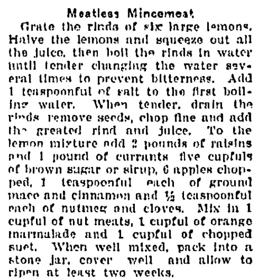 Mincemeat recipe, Wilkes-Barre Times Leader newspaper article 26 November 1918
