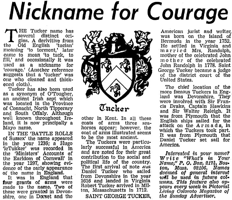 An article about the Tucker family name, Boston Record American newspaper article 23 May 1968