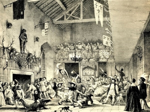 Illustration: traditional Christmas merry-making in the banqueting hall at Haddon Hall, Derbyshire, from "The Mansions of England in the Olden Time, Series I" by Joseph Nash (London, 1839). Courtesy of the University of Leicester, United Kingdom, Special Collections.