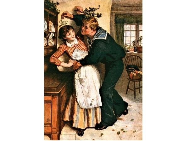 Illustration: a sailor tries to kiss a young woman under a sprig of mistletoe. Credit: William Small.