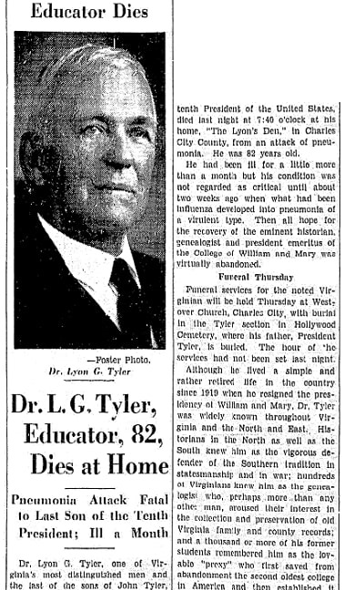 An article about Lyon Gardiner Tyler, Richmond Times-Dispatch newspaper article 13 February 1935