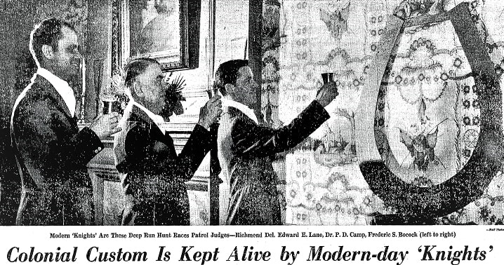 A photo of modern-day Knights of the Golden Horseshoe toasting, Richmond Times-Dispatch newspaper article 30 March 1958