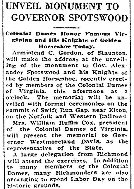 An article about a monument to the Knights of the Golden Horseshoe, Richmond Times-Dispatch newspaper article 5 September 1921