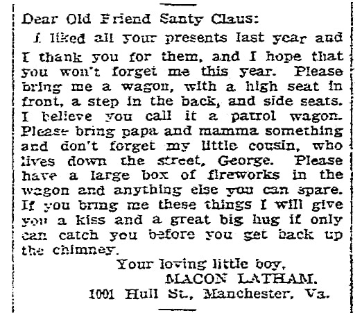 A letter to Santa Claus, Richmond Times-Dispatch newspaper article 22 December 1903