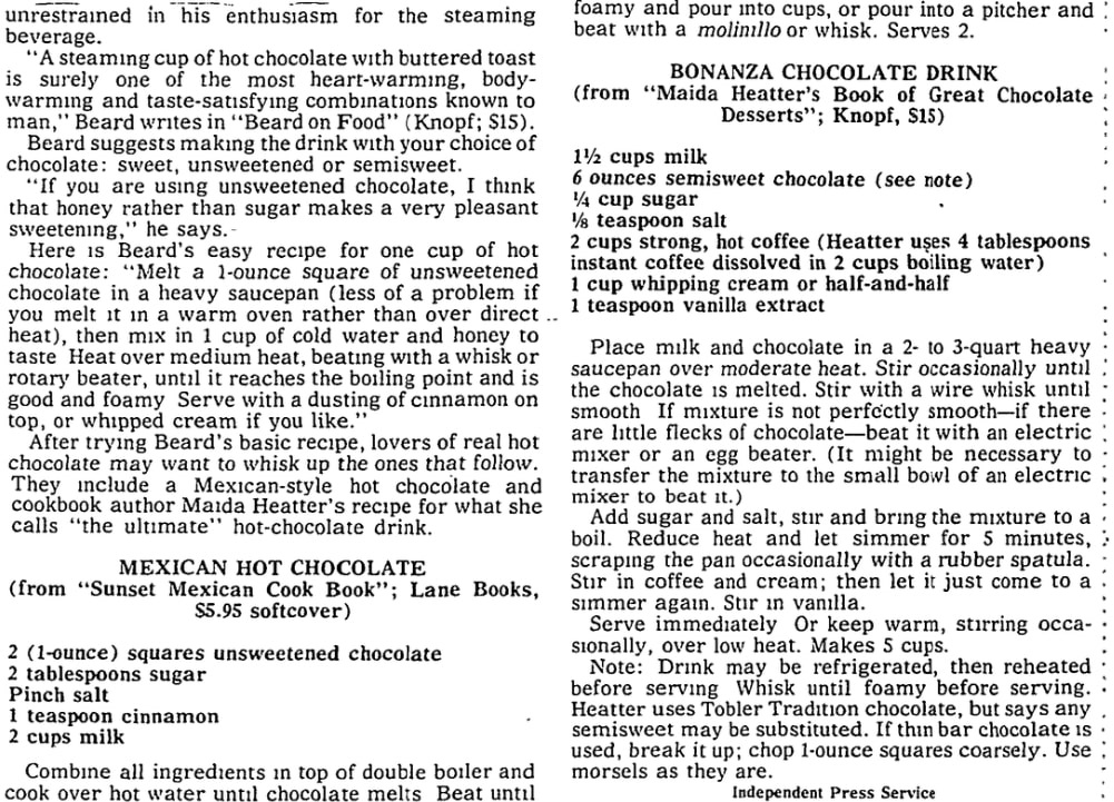 An article about hot chocolate, Albuquerque Tribune newspaper 22 March 1984
