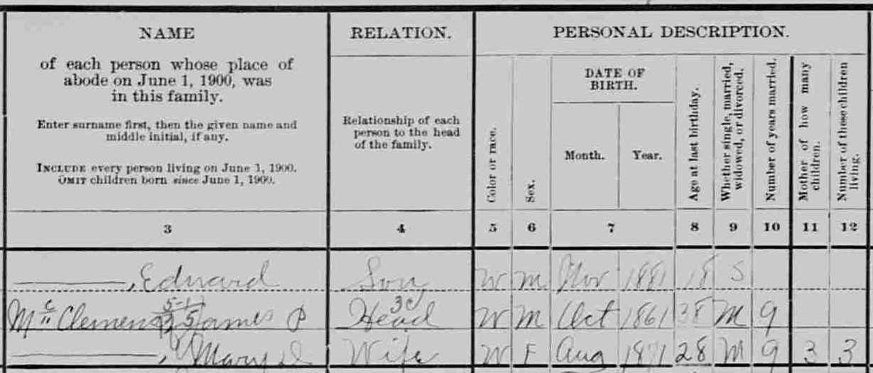 Photo: 1900 census for Bristol, Massachusetts, showing the “Name,” “Relation,” and “Personal Description” columns. Source: FamilySearch; GenealogyBank.