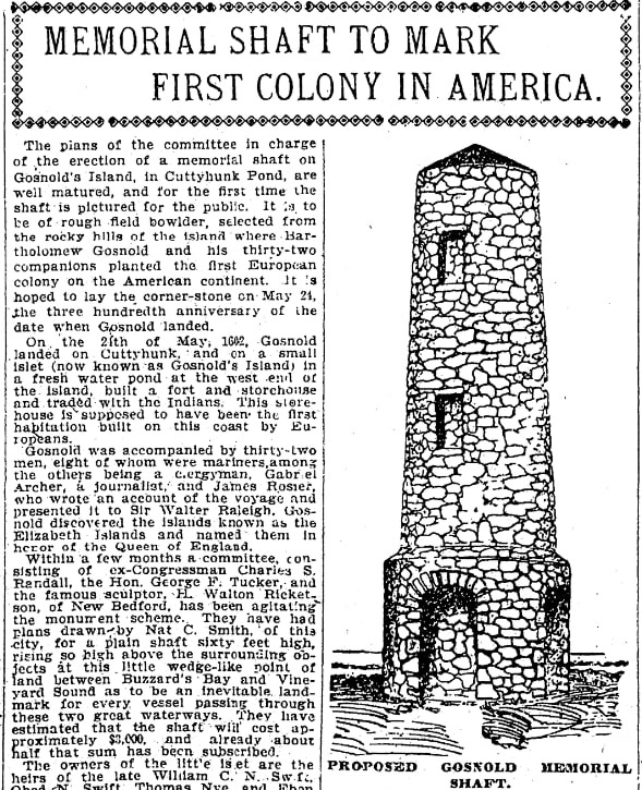 An article about the Gosnold Monument, Cleveland Leader newspaper 18 May 1902