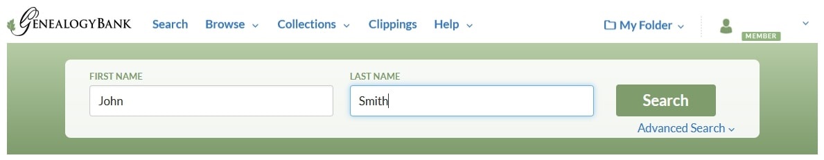 A screenshot of GenealogyBank's search page showing a simple search for John Smith