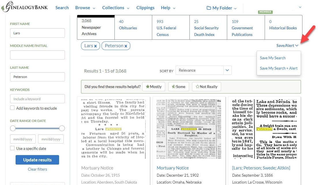 A screenshot of GenealogyBank's search page showing the Save/Alert feature