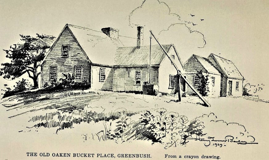 Illustration: the “Old Oaken Bucket Place, Greenbush” by artist Henry Turner Bailey, from Harvey H. Pratt’s book “The Early Planters of Scituate; A History of the Town of Scituate, Massachusetts, from Its Establishment to the End of the Revolutionary War.” Publication from the Scituate Historical Society and archive.org: https://archive.org/details/earlyplantersofs00prat/page/n19/mode/1up