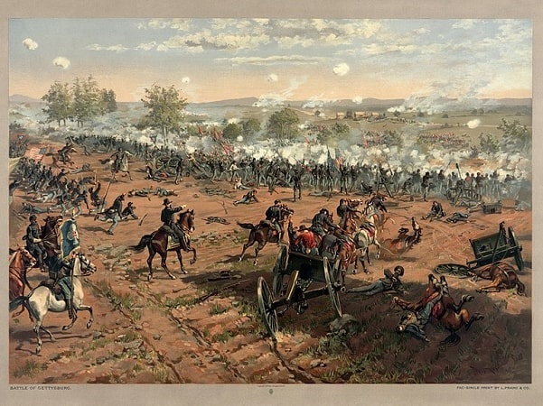 Illustration: L. Prang & Co. print (1887) of the painting “Hancock at Gettysburg” by Thure de Thulstrup, showing Pickett’s Charge. Restoration by Adam Cuerden. Credit: Library of Congress, Prints and Photographs Division.