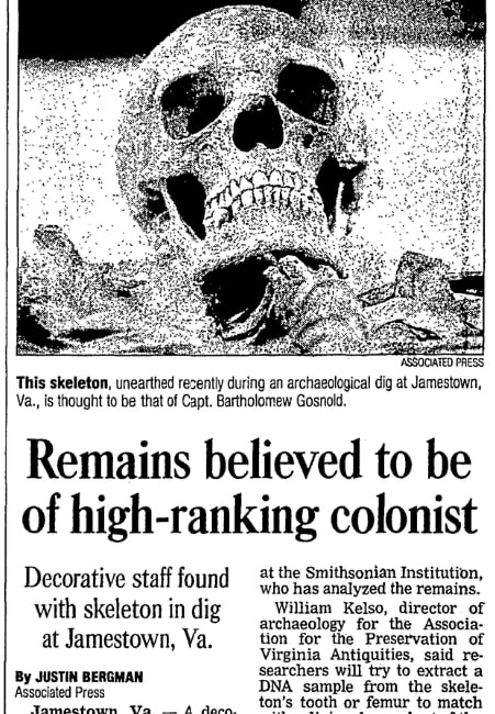 An article about the discovery of Capt. Gosnold's skeleton, Milwaukee Journal Sentinel newspaper 17 February 2003