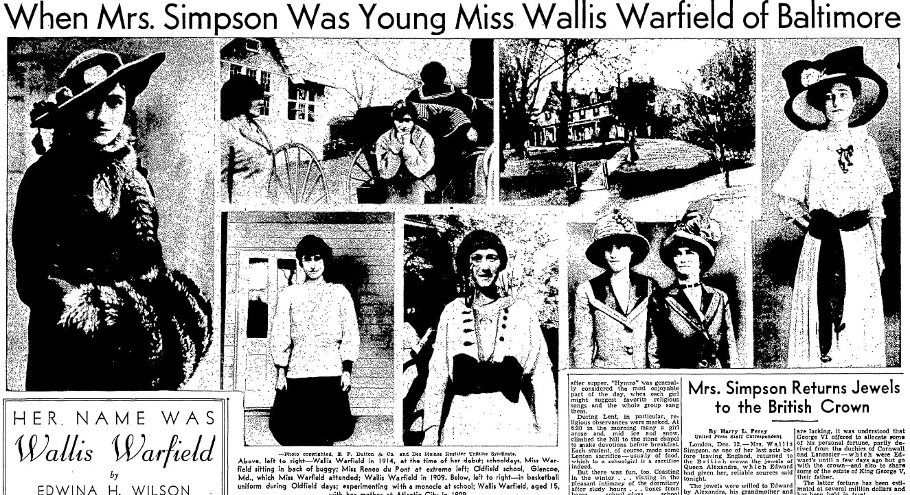 Photos from an article about Wallis Warfield/Spencer/Simpson, Oregon Journal newspaper 13 December 1936