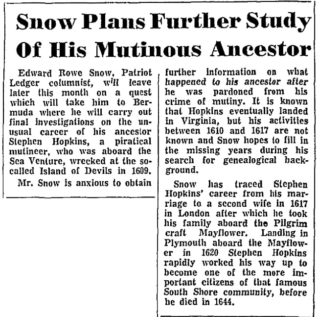 An article about Stephen Hopkins, Patriot Ledger newspaper 28 March 1967