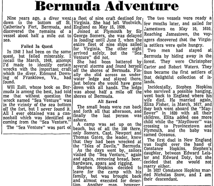 An article about the shipwreck of the "Sea Venture," Patriot Ledger newspaper article 7 November 1967