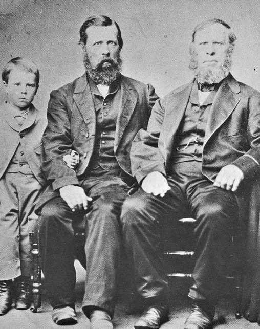 Photo: Clapp family photo. Locally known as “The Three Elijahs” L-R: young Elijah Thomas Clapp Jr. with his father, Elijah Thomas “Lige” Clapp, with his father Elijah Clapp. In 1880 Elijah T. Clapp purchased the Stockbridge Mills from a cousin, also his father-in-law, Thomas Clapp, who had purchased the Mills from the Stockbridge Estate in 1830. (Elijah’s father, grandfather and great grandfather were millers and managers of the Mills for the Stockbridge family, and later his grandfather and father were the managers for this cousin Thomas Clapp.) In 1888 Elijah Thomas Clapp inherited from his father the blacksmith shop, ice house and farmlands south of the pond in Greenbush. Courtesy of Annette Langley Markward, great-granddaughter of Elijah Thomas Clapp and Ann Rosina (nee Clapp) Clapp.