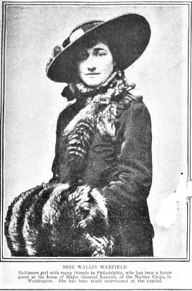 Photo: Miss Wallis Warfield. Credit: published in the Evening Public Ledger, 18 March 1915, Night Extra, Image 14, Chronicling America, Library of Congress.