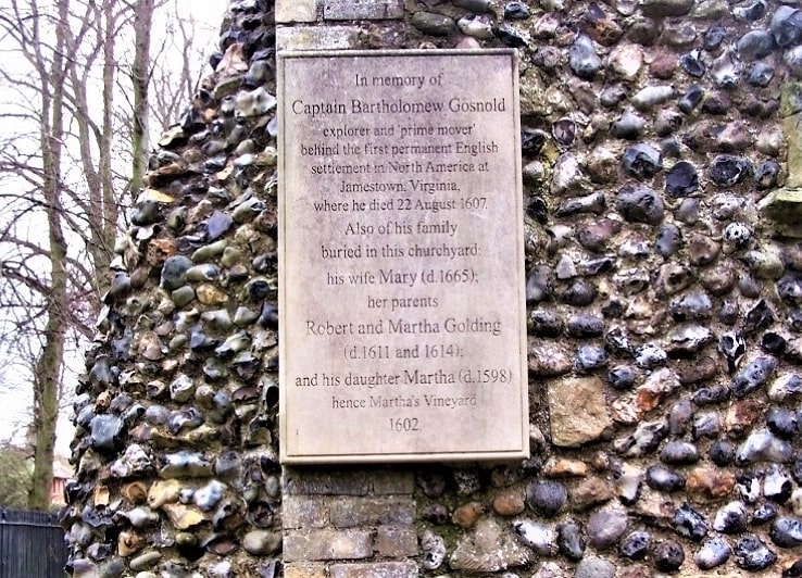Photo: plaque for Bartholomew Gosnold and his family, Chapel of the Charnel, the Great Churchyard of St Edmundsbury Cathedral, Suffolk, England. Credit: https://www.visit-burystedmunds.co.uk/blog/5-things-to-spot-in-the-great-churchyard