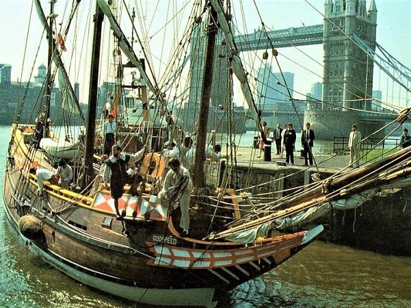 Photo: the Godspeed replica, 19 April 1985, in London at St. Katherine’s Docks. Courtesy of the Jamestown-Yorktown Foundation.