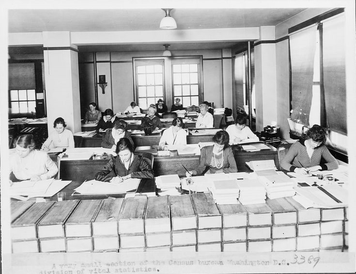Photo: large office with women working at desks in the Division of Vital Statistics section of the Census Bureau, c. 1920. Credit: Library of Congress, Prints and Photographs Division.