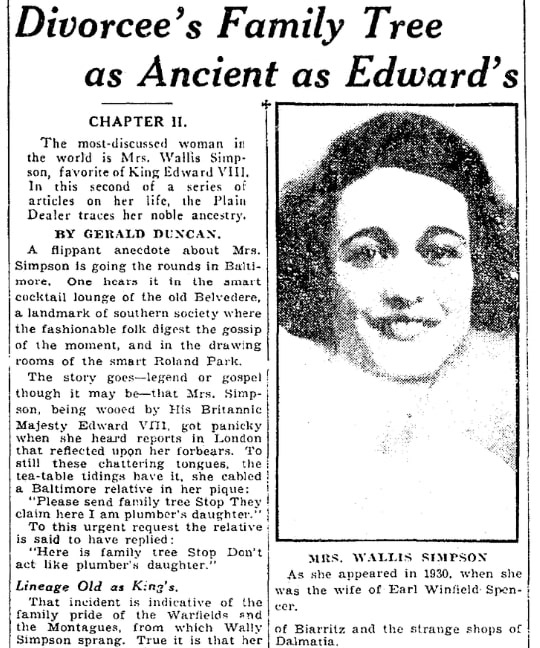 An article about Wallis Simpson, Plain Dealer newspaper article 9 December 1936