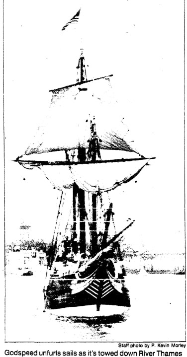 A photo of the replica ship Godspeed, Richmond Times-Dispatch newspaper 1 May 1985