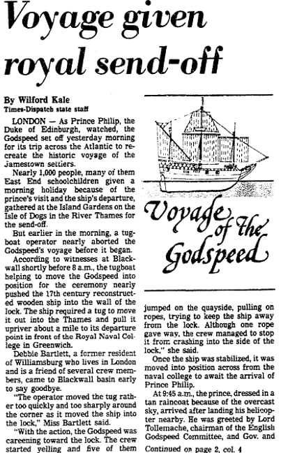 An article about the voyage of the replica ship Godspeed, Richmond Times-Dispatch newspaper 1 May 1985