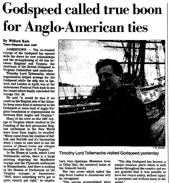 An article about the voyage of the replica ship Godspeed, Richmond Times-Dispatch newspaper 6 November 1985