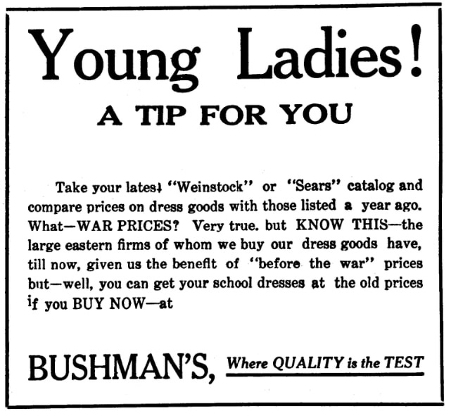 An ad for a department store, Snowflake Herald newspaper 25 August 1916