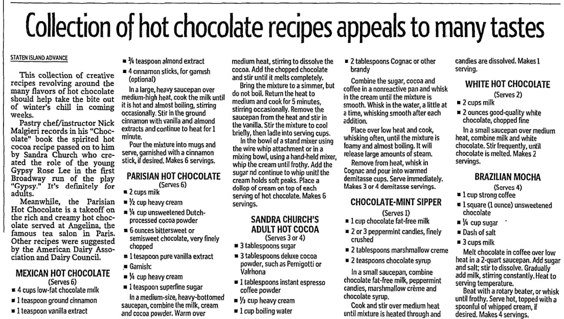 An article about hot chocolate, Staten Island Advance newspaper 12 January 2005