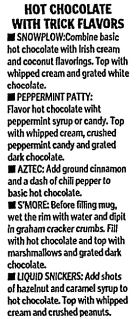 An article about hot chocolate toppings, Staten Island Advance newspaper 1 March 2006