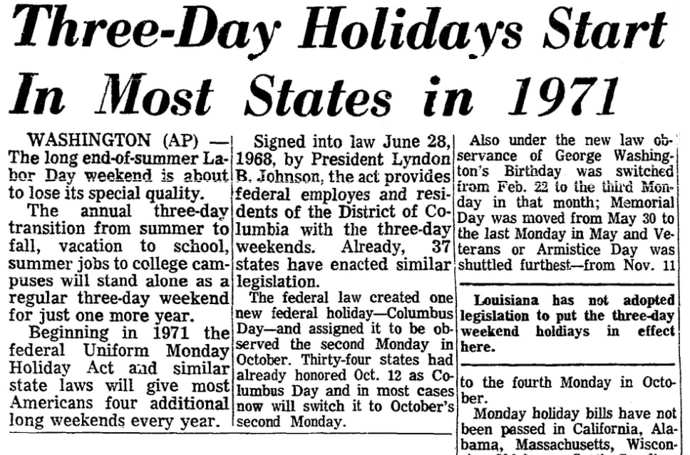 An article about federal holidays, Advocate newspaper 1 September 1969