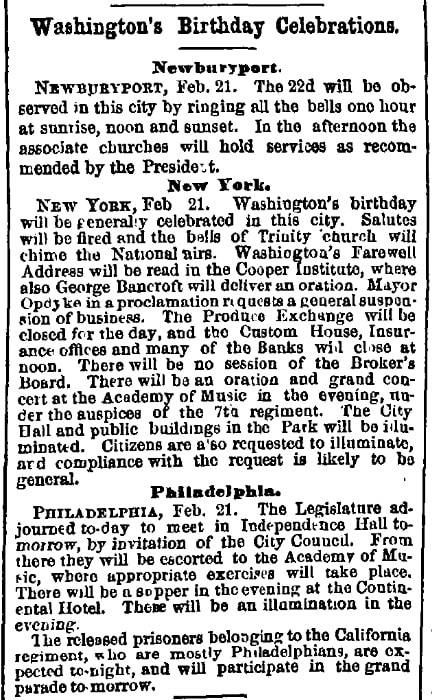 An article about Washington's Birthday, Boston Morning Journal newspaper 22 February 1862