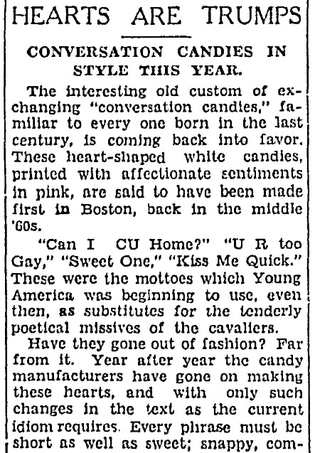 An article about Valentine's Day candy hearts, Chicago Daily News newspaper 13 February 1928