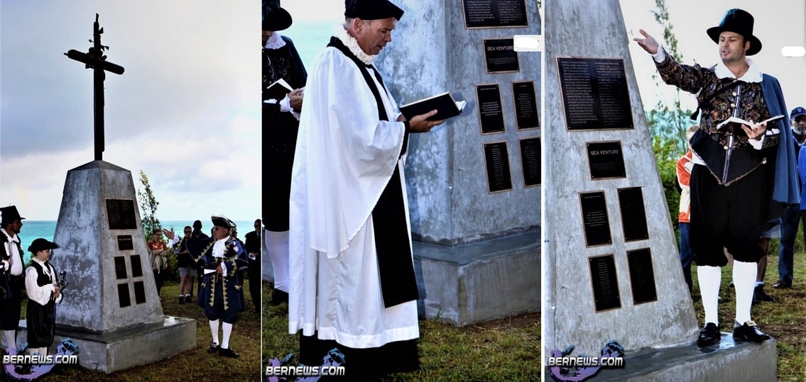 Photos: On 11 November 2010 a memorial to the “Sea Venture” was unveiled in St. George’s, Bermuda. The ceremony featured reenactments and speeches. The memorial has the list of “Sea Venture” passengers, to commemorate the 400th anniversary of the shipwreck. Courtesy of Bare News Bermuda.