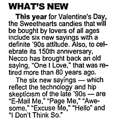 An article about Valentine's Day candy hearts, El Paso Herald-Post newspaper 12 February 1997