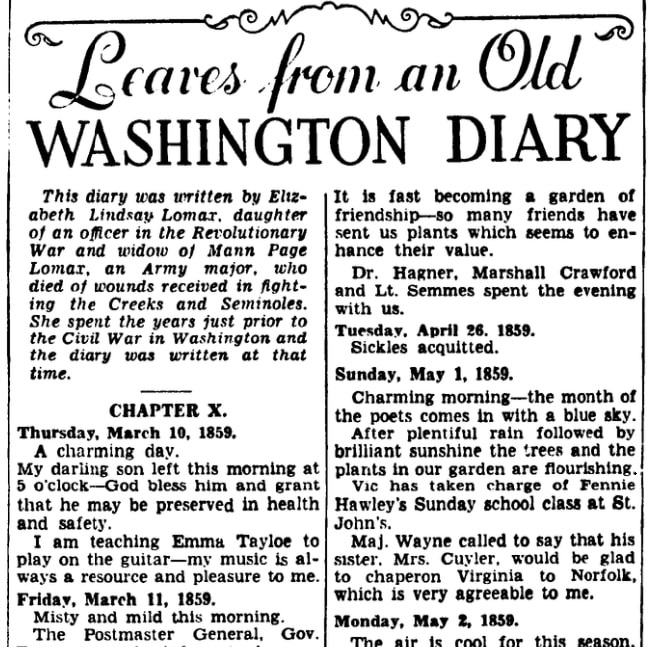 An article about Mrs. Lomax's diary, Evening Star newspaper 11 November 1941