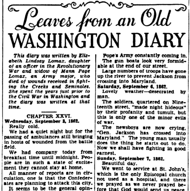 Extracts from the Civil War diary of Elizabeth Virginia Lindsay Lomax, Evening Star newspaper 27 November 1941
