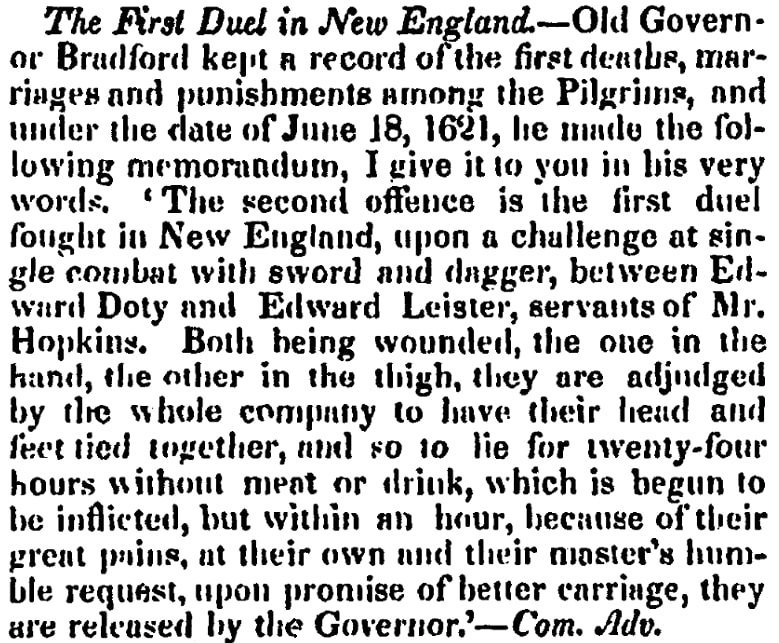 An article about the first duel in New England, Hampshire Gazette newspaper 3 January 1843