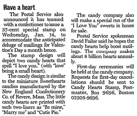 An article about Valentine's Day candy hearts, Huntsville Times newspaper 10 January 2004