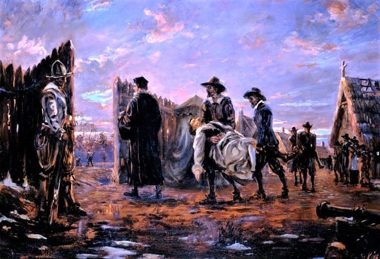 Illustration: “Burial of the Dead,” an image of the Starving Time in Jamestown, 1609-1610, by Sidney E. King. When the “Deliverance” and “Patience” arrived in Jamestown they found a starving and deprived colony. The ships left within a short time to return to England with all intentions of abandoning the settlement, but as they sailed down the river they were met by the reinforcement fleet of Thomas West, Lord De La Warr. Jamestown was saved. Credit: Encyclopedia Virginia; National Park Service.