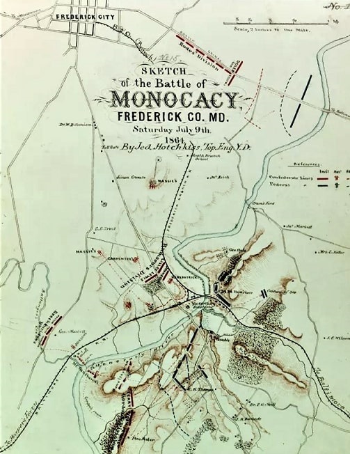Map: field maps, like this one made of the Battle of Monocacy by Jedediah Hotchkiss, provided valuable aid to commanders planning battle strategies. Courtesy of the National Park Service.