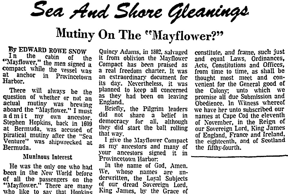 An article about the Mayflower Pilgrims, Patriot Ledger newspaper 16 January 1975