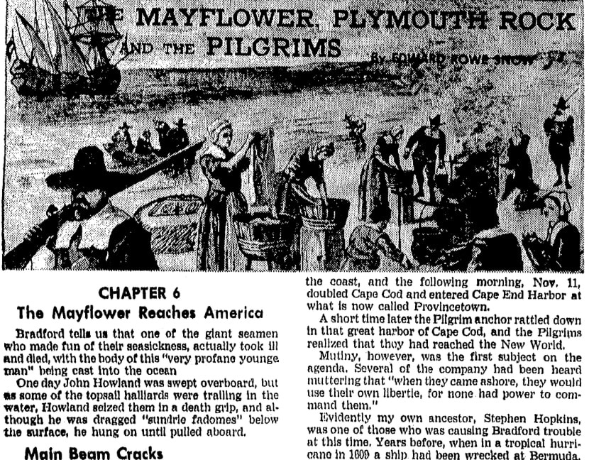 An article about the Mayflower Pilgrims, Patriot Ledger newspaper 23 May 1957