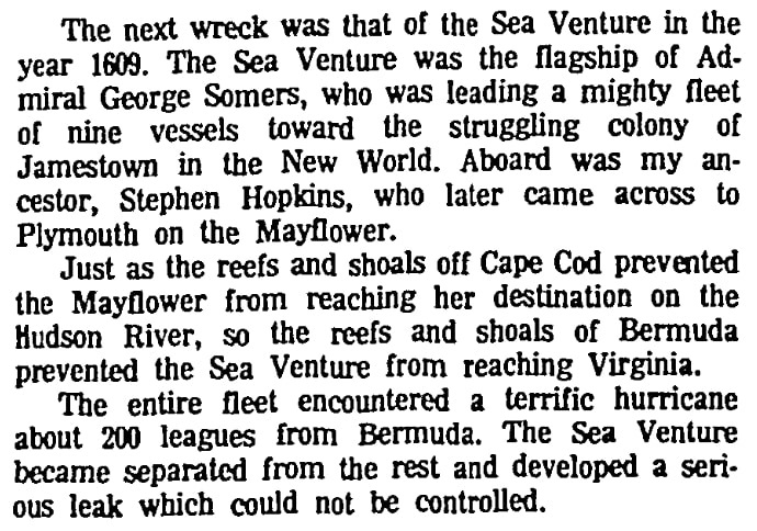 An article about the ship "Sea Venture," Patriot Ledger newspaper 11 June 1979