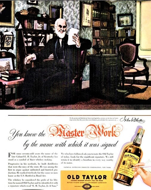 Photo: an Old Taylor whiskey ad from 1937 featuring John Greenleaf Whittier. Image in the public domain.