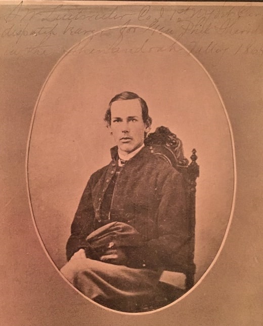 Photo: Samuel Woods Luitwieler (1847-1931) enlisted Company I, 1st New York Veteran Cavalry Regiment, 24 September 1863, and was a corporal and quartermaster-sergeant; was attached to the Army of West Virginia, and engaged in the battles of New Market, Piedmont, Leetown, Monocacy, Charlestown, and Halltown. The faded inscription on the photo reads: “S W Luitwieler dispatch carrier for Gen. Phil Sheridan in the Shenandoah Valley 1864.” From the private collection of Denise Bartholome, great granddaughter of Samuel. 