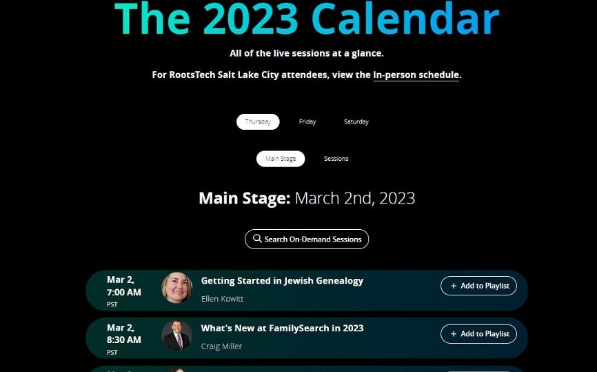 Screenshot: RootsTech Calendar page. Credit: FamilySearch.