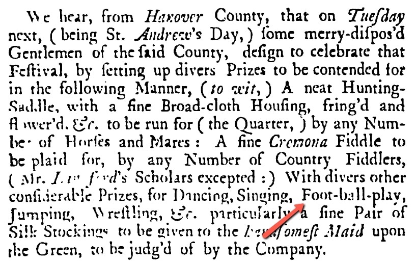 An article about football, Virginia Gazette newspaper 26 November 1736