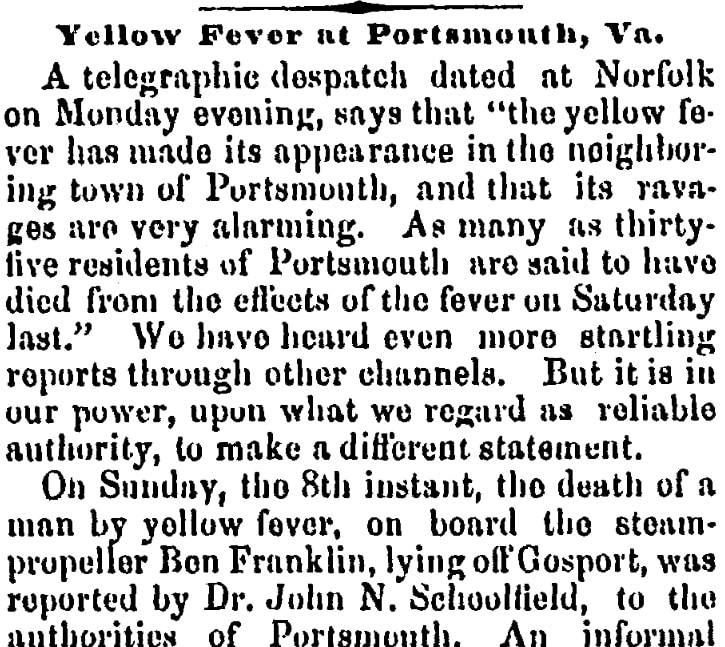 An article about yellow fever, Alexandria Gazette newspaper 26 July 1855